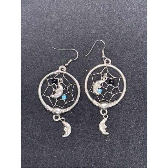 VTG Boho Dreamcatcher Earrings Moon Dreamcatcher Dangle Earrings - Picture 1 of 3